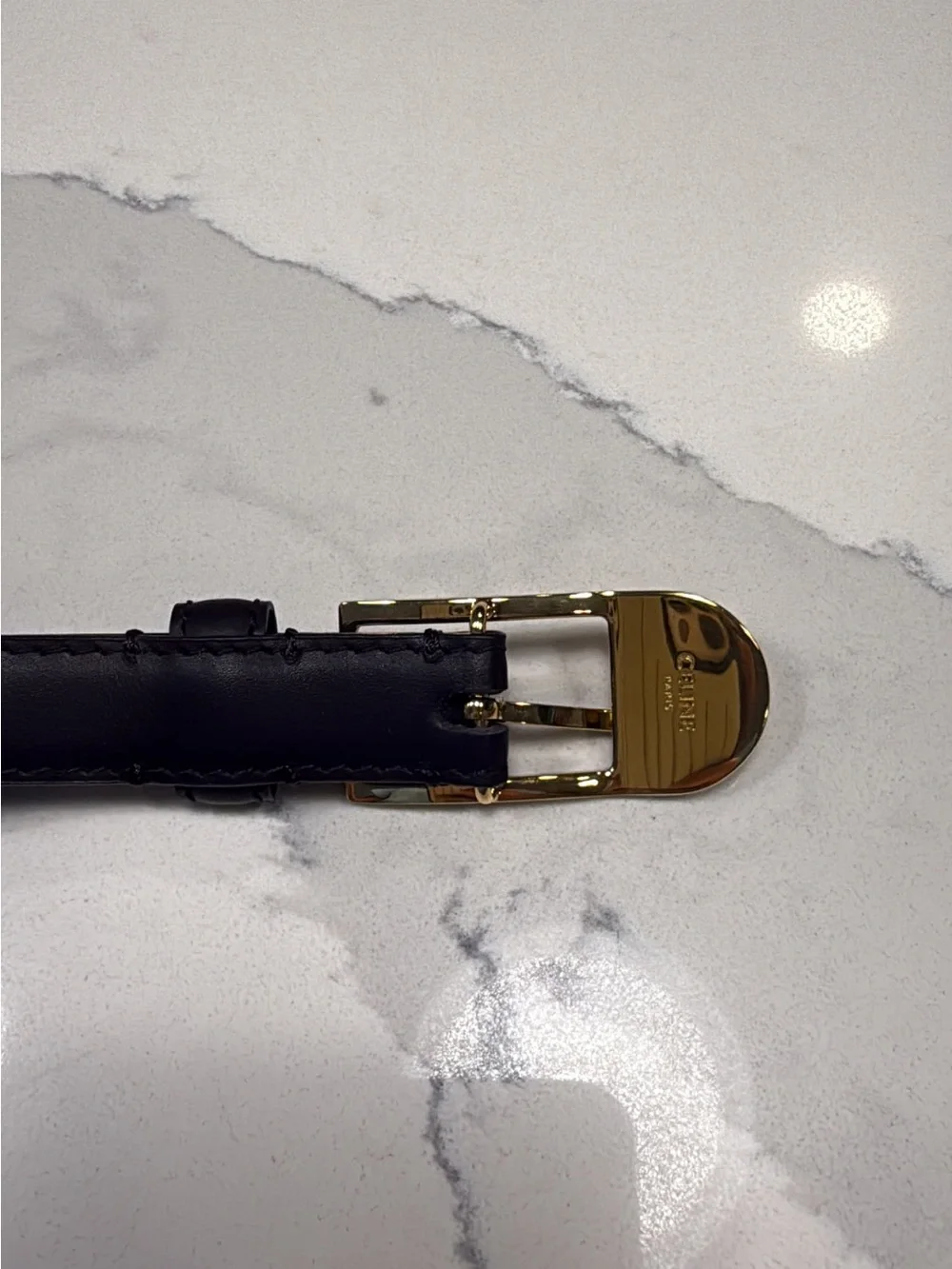 Celine Black Leather Belt with Gold Buckle and Logo